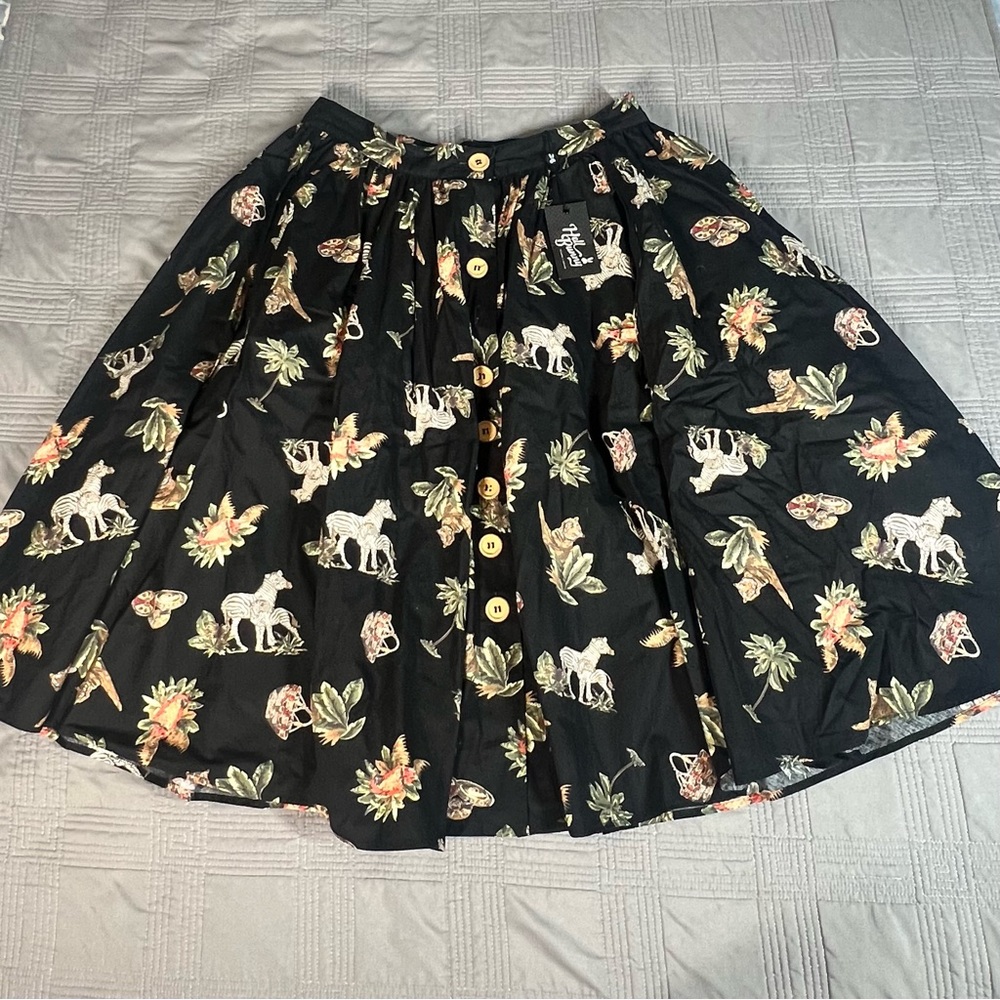 Hell Bunny Full Skirt Safari Animal Black Size US 10 Button Front Pockets Fun